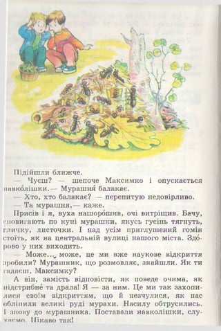 Підійшли ближче.
— Чуєш? — шепоче Максимко і опускається
навколішки.— Мурашня балакає.
—Хто, хто балакає? — перепитую недовірливо.
— Та мурашня,— каже.
Присів і я, вуха нашорошив, очі витріщив. Бачу,
сновигають по купі мурашки, якусь гусінь тягнуть,
гличку, листочки. І над усім приглушений гомін
стоїть, як на центральній вулиці нашого міста. Здб-
рово у них виходить.
— Може..,* може, це ми вже наукове відкриття
зробили? Мурашник, що розмовляє, знайшли. Як ти
гадаєш, Максимку?
А він, замість відповісти, як поведе очима, як
підстрибне та драла! Я — за ним. Це ми так захопи­
лися своїм відкриттям, що й незчулися, як нас
обліпили великі руді мурахи. Насилу обтрусились.
І знову до мурашника. Поставали навколішки, слу-
хпямп. Цікаво так!
 