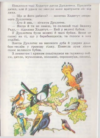 Покликав тоді Ходитут дятла Дуплотеса. ГІрилетіп
дятел, але й удвох не змогли вони врятувати ліс від
лиха.
-— Що ж його робити? — запитав Ходитут зморе­
ного Дуплотеса.
— Хто й зна,— зітхнув Дуплотес.
— Якщо й ти не знаєш, то скликай тоді Велику
Раду,— підказав Ходитут.— Бий у великі бубни.
У Дуплотеса були великі й малі бубни. Вони не
схожі на ті, що у барабанщиків, та голоси в них
подібні.
Злетів Дуплотес на високого дуба й ударив дзьо-
бом-теслбм у громову гілку. Понесла луна лісом
голос великого бубна.
З лементом і криком позліталися на галявину сой­
ки, дятли, мухоловки, пбповзні, сорокопуди, синиці,
 