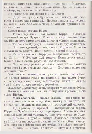 шпаки, щиглики, вільшанки, дубоноси, гбрлички,
вивільги, горйхвістки та соловейки. Прилетів навіть
жайвір, що жив на полі біля лісу.
На гілку для промовця сів Дуплотес.
- Друзі,— гукнУв Дуплотес,— гляньте, як оси­
ротів і занедужав наш ліс. Дерева гинуть від гусені,
короїдів і тлі. Хто знає, чому в наш ліс прийшло ве­
лике горе?
Слово взяла сорока Kippa.
— У нашому лісі,— повідомила Kippa,— з’явився
страшний павук Зузука. У нього є міцні зелені тене­
та. Він ловить ними птахів, а потім убиває нещасних.
— Ти бачила Зузуку? — запитав Кірру Дуплотес.
— Він невидимий,— відповіла Kippa.— Я знаю
тільки його тенета. Вони великі, зелені й міцні.
— Ти помиляєшся, Кірро,— заперечила горихвіст­
ка Лі-лі.— У Зузуки білі тенета. Вони дуже тонкі.
Крила птаха легко рвуть тенета Зузуки:
— Хто ж тоді розвішує зелені тенета? запитав
Дуплотес і звернувся до птахів: — Хто знає володаря
зелених тенет?
Усі птахи заговорили разом усіма голосами.
Здійнявся такий гамір на галявині, як часом буває
на веселому майданчику в дитсадку. Ніхто нікого не
чув і ніхто нічого не міг зрозуміти.
Довелося Дуплотесу знову вдарити у великого бубна.
Коли всі вгамувалися, на гілку для промовців сів
дрізд Вітгон.
— Мені здається,— сказав Вітюн,— що зелені те­
нета з’явилися в нашому вільшанику після того, як
на узліссі поселився маленький гостроносий чоловік.
— Це правда, це правда! — заскрекотіла сорока
Kippa.— Треба тільки це перевірити. Якщо чоловік
справді має зелені тенета, то нам тут життя не буде.
— Помовч, Kippa! — кинув Дуплотес невдоволе-
ний погляд на сороку й сказав: — У нас обмаль часу.
Хто піде на обійстя нашого сусіда й вівідає правду?
— Я піду,— мовив Ходитут.— Літаю я нечутно.
 