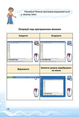 12
Нагадую! Кожна програма відкривається
у своєму вікні­.
Операції над програмними вікнами
Закрити Згорнути
Відновити
Змінити режим відображен-
ня вікна
 