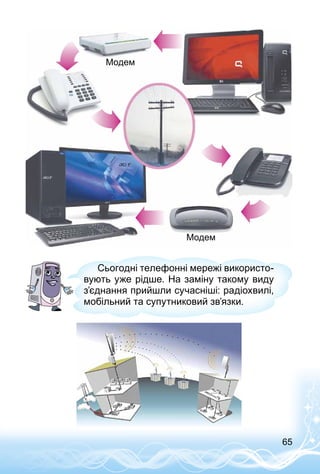 65
Модем
Модем
Сьогодні телефонні мережі використо­
вують уже рідше. На заміну такому виду
з’єднання прийшли сучасніші: радіо­хвилі,
мобільний та супутниковий зв’язки.
 