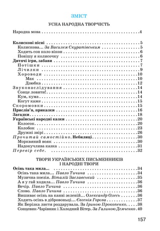 157156
ПЕРЕВІР СЕБЕ
Закінчено навчання у ІІ семестрі. Перевір, що ти знаєш, чого
навчився.
1. Із творчістю яких письменників ти познайомився?
2. Імена яких українських письменників тобі запам’яталися?
Які твори вони написали? Які з них ти можеш розповісти
напам’ять?
3. Що ти знаєш про нашу Батьківщину?
4. Розкажи про державні й народні символи України.
Про які звичаї українського народу ти довідався?
5. З яких творів ці рядки:
«Іду я та й іду,
аж стоїть хатка на льоду...»
А ці:
«Світає,
край неба палає...»
«Україна — це тато й ненька,
Це безсмертне слово Шевченка»?
Хто автор цих творів?
6. Чи подобаються тобі літературні твори українських
письменників, які ти прочитав у цьому семестрі? Які саме і
якого автора?
7. Чи вчилися ви віршувати в І семестрі? А в ІІ семестрі?
ЗМІСТ
УСНА НАРОДНА ТВОРЧІСТЬ
Народна мова. . . . . . . . . . . . . . . . . . . . . . . . . . . . . . . . . . . . . . . . . 4
Колискові пісні . . . . . . . . . . . . . . . . . . . . . . . . . . . . . . . . . . . . . . . 5
Колискова... За Василем Скуратівським . . . . . . . . . . . . . . . .  5
Ходить сон коло вікон. . . . . . . . . . . . . . . . . . . . . . . . . . . . . . . . 6
Повішу я колисочку . . . . . . . . . . . . . . . . . . . . . . . . . . . . . . . . . 6
Дитячі ігри, забави . . . . . . . . . . . . . . . . . . . . . . . . . . . . . . . . . . . .7
Пот іш ки . . . . . . . . . . . . . . . . . . . . . . . . . . . . . . . . . . . . . . . . . 7
Ліч илки . . . . . . . . . . . . . . . . . . . . . . . . . . . . . . . . . . . . . . . . . 9
Х оров оди . . . . . . . . . . . . . . . . . . . . . . . . . . . . . . . . . . . . . . . 10
Мак . . . . . . . . . . . . . . . . . . . . . . . . . . . . . . . . . . . . . . . . . . 10
Дзюбка. . . . . . . . . . . . . . . . . . . . . . . . . . . . . . . . . . . . . . . . 12
Звуконас лідув ання . . . . . . . . . . . . . . . . . . . . . . . . . . . . . . . 14
Сонце ловити!. . . . . . . . . . . . . . . . . . . . . . . . . . . . . . . . . . . . . .14
Кум, кума . . . . . . . . . . . . . . . . . . . . . . . . . . . . . . . . . . . . . . . . .14
Когут каже. . . . . . . . . . . . . . . . . . . . . . . . . . . . . . . . . . . . . . . . 15
Скором ов ки . . . . . . . . . . . . . . . . . . . . . . . . . . . . . . . . . . . . . . .15
Прислів’я, приказки. . . . . . . . . . . . . . . . . . . . . . . . . . . . . . . . . . 16
Загадки. . . . . . . . . . . . . . . . . . . . . . . . . . . . . . . . . . . . . . . . . . . . .18
Українські народні казки. . . . . . . . . . . . . . . . . . . . . . . . . . . . . . 20
Колосок. . . . . . . . . . . . . . . . . . . . . . . . . . . . . . . . . . . . . . . . . . .20
Колобок . . . . . . . . . . . . . . . . . . . . . . . . . . . . . . . . . . . . . . . . . . 23
Дружні звірі . . . . . . . . . . . . . . . . . . . . . . . . . . . . . . . . . . . . . . .26
Проч и т ай с амос т і й но. Небилиці. . . . . . . . . . . . . . . . . . .30
Морквяний вояк . . . . . . . . . . . . . . . . . . . . . . . . . . . . . . . . . . . 30
Надокучлива казка . . . . . . . . . . . . . . . . . . . . . . . . . . . . . . . . . 31
Пе ре ві р с е бе . . . . . . . . . . . . . . . . . . . . . . . . . . . . . . . . . . . . . 32
ТВОРИ УКРАЇНСЬКИХ ПИСЬМЕННИКІВ
І НАРОДНІ ТВОРИ
Осінь така мила... . . . . . . . . . . . . . . . . . . . . . . . . . . . . . . . . . . . 34
Осінь така мила... Павло Тичина . . . . . . . . . . . . . . . . . . . . . 34
Музична поезія. Віталій Заславський . . . . . . . . . . . . . . . . . 35
А я у гай ходила... Павло Тичина . . . . . . . . . . . . . . . . . . . . .36
Вечір. Павло Тичина . . . . . . . . . . . . . . . . . . . . . . . . . . . . . . . 36
Слово. Павло Тичина . . . . . . . . . . . . . . . . . . . . . . . . . . . . . . . 36
Вишиває осінь на канві зеленій... Олександр Олесь . . . . . . .36
Ходить осінь в дібровоньці... Євгенія Горєва . . . . . . . . . . . . .37
Як Берізка листя роздарувала. За Іриною Прокопенко. . . . .38
Сонцевик-Чарівник і Холодний Вітер. За Галиною Демченко ..40
 