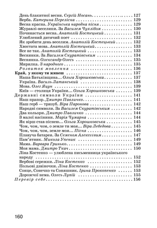 161160
День блакитної весни. Сергій Носань. . . . . . . . . . . . .. . . . . 127
Верба. Катерина Перелісна. . . . . . . . . . . . . . . . . . . . . . . . . 129
Весна красна. Українська народна пісня. . . . . . . . . . . . . . . 129
Журавлі-веселики. За Василем Чухлібом. . . . . . . . . . . . . . 130
Починається весна. Анатолій Костецький. . . . . . . . . . . . . 131
Улюблений дитячий поет . . . . . . . . . . . . . . . . . . . . . . . . . . . 132
Як зробити день веселим. Анатолій Костецький. . . . . . . . 132
Хвостата мова. Анатолій Костецький. . . . . . . . . . . . . . . . . 133
Все не так. Анатолій Костецький. . . . . . . . . . . . . . . . . . . . 133
Веснянки. За Василем Скуратівським . . . . . . . . . . . . . . . . 134
Веснянка. Олександр Олесь . . . . . . . . . . . . . . . . . . . . . . . . . 135
Мирилка. З народного . . . . . . . . . . . . . . . . . . . . . . . . . . . . . . 135
Розвиток мовлення . . . . . . . . . . . . . . . . . . . . . . . . . . . 136
Край, у якому ти живеш . . . . . . . . . . . . . . . . . . . . . . . . . . . .  137
Наша Батьківщина... Ольга Хорошковська. . . . . . . . . . . . . 137
Україна. Василь Латанський . . . . . . . . . . . . . . . . . . . . . . . 138
Мова. Олег Яцун . . . . . . . . . . . . . . . . . . . . . . . . . . . . . . . . . . 139
Київ — столиця України... Ольга Хорошковська . . . . . . . . 139
Де ржавн і символи України . . . . . . . . . . . . . . . . . . . . . 141
Наш прапор. Дмитро Павличко. . . . . . . . . . . . . . . . . . . . . . 141
Наш герб — тризуб. Віра Паронова. . . . . . . . . . . . . . . . . . . 142
Народні символи. За Василем Скуратівським . . . . . . . . . . 142
Два кольори. Дмитро Павличко . . . . . . . . . . . . . . . . . . . . . 144
З малої насінини. Марія Чумарна . . . . . . . . . . . . . . . . . . . . 144
Як вірш став піснею... Ольга Хорошковська. . . . . . . . . . . . 145
Чом, чом, чом, о земле ти моя... Віра Лебедова. . . . . . . . . . 145
Чом, чом, чом, земле моя... Пісня . . . . . . . . . . . . . . . . . . . . 146
Плавуча батарея. За Семеном Алексєєвим. . . . . . . . . . . . . . 147
Пам’ятник. Микола Упеник . . . . . . . . . . . . . . . . . . . . . . . . 149
Мама. Варвара Гринько. . . . . . . . . . . . . . . . . . . . . . . . . . . . . 149
Моя мама. Дмитро Ткач. . . . . . . . . . . . . . . . . . . . . . . . . . . . 150
Ліна Костенко — улюблена письменниця українського
народу . . . . . . . . . . . . . . . . . . . . . . . . . . . . . . . . . . . . . . . . . . 152
Вербові сережки. Ліна Костенко . . . . . . . . . . . . . . . . . . . . 152
Польові дзвіночки. Ліна Костенко . . . . . . . . . . . . . . . . . . . 153
Сонце, Сонечко та Соняшник. Ірина Прокопенко . . . . . . . 153
Дорожчої нема. Олесь Лупій . . . . . . . . . . . . . . . . . . . . . . . . 155
Пе р евір себе . . . . . . . . . . . . . . . . . . . . . . . . . . . . . . . . . . . . . 156
Навчальне видання
ХОРОШКОВСЬКА Ольга Назарівна
ОХОТА Галина Іванівна
Літературне читання
Українська мова
Підручник для 3 класу
загальноосвітніх навчальних
закладів із навчанням російською мовою
Рекомендовано Міністерством освіти і науки,
молоді та спорту України
ВИДАНО ЗА РАХУНОК ДЕРЖАВНИХ КОШТІВ. ПРОДАЖ ЗАБОРОНЕНО
Відповідальна за випуск С. В. Підопригоріна
Редактор О. П. Дубчак
Художній редактор Т. М. Канарська
Комп’ютерна верстка Г. А. Чупіної
Формат 70x100/16. Ум. друк. арк. 13+0,49 форзац.
Обл.-вид. арк. 9,3+0,58 форзац.
Наклад 94 235 пр. Вид. № 37499. Зам. №
Державне спеціалізоване видавництво «Освіта»,
04053, Київ, вул. Юрія Коцюбинського, 5.
Свідоцтво ДК № 27 від 31.03.2000 р.
 
