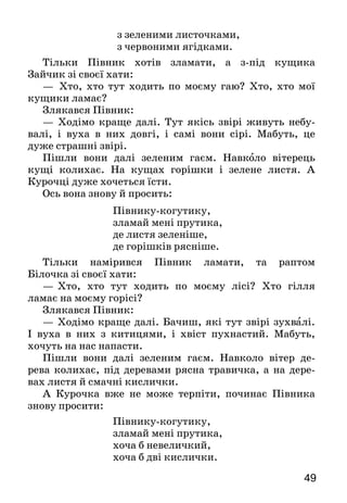 4948
— Ти молодець! — чітко сказав папуга.
—  Пірат молодець, — показав йому хлопчик на
цу­ценя. — Це він тебе врятував од горобців.
— Пір-рат молодець! — погодився папуга.
Тепер він живе у хлопчика. І вже вивчив багато-
багато слів. Щодня грається з хлопчиком і з Піратом.
Часто підлітає до вікна і дивиться туди, в зимовий
день. Там літають, збиваючи сніг із гілля, сірі горобці.
І, мабуть, папуга думає, як би з ними подружитися,
а потім навчити їх говорити.
Хлопчикові й Піратові папуга про те нічого не ка­зав.
Напевно ж, то його таємниця.
Можуть же бути і в папуг таємниці?
Кепсько — плохо.
Чому папуга потрапив надвір? Які пригоди трапилися з ним?
Хто виручив папугу? Про що почав мріяти птах? Чому?
Поділи оповідання на три частини і добери назву до
кожної з них. Спробуй переказати одну з них.
Чи сподобалося тобі оповідання? Чим саме?
Прочитайте цей текст в особах.
ПРОЧИТАЙ НА КАНІКУЛАХ
Наталя Забіла
ПРО ПІВНИКА ТА КУРОЧКУ
(Казка)
Були собі Півник і Курочка. Набридло їм якось
удома сидіти, і пішли вони мандрувати світом. Ось ідуть
вони зеленим гаєм, навколо вітерець кущі колихає,
на кущах зеленіє свіже листячко, а між ними ягідки,
як червоне намистечко. От Курочка й каже:
Півнику-когутику,
зламай мені прутика
з зеленими листочками,
з червоними ягідками.
Тільки Півник хотів зламати, а з-під кущика
Зайчик зі своєї хати:
—	 Хто, хто тут ходить по моєму гаю? Хто, хто мої
кущики ламає?
Злякався Півник:
— Ходімо краще далі. Тут якісь звірі живуть небу-
валі, і вуха в них довгі, і самі вони сірі. Мабуть, це
дуже страшні звірі.
Пішли вони далі зеленим гаєм. Навколо вітерець
кущі колихає. На кущах горішки і зелене листя. А
Курочці дуже хочеться їсти.
Ось вона знову й просить:
Півнику-когутику,
зламай мені прутика,
де листя зеленіше,
де горішків рясніше.
Тільки намірився Півник ламати, та раптом
Білочка зі своєї хати:
—   Хто, хто тут ходить по моєму лісі? Хто гілля
ламає на моєму горісі?
Злякався Півник:
— Ходімо краще далі. Бачиш, які тут звірі зухвалі.
І вуха в них з китицями, і хвіст пухнастий. Мабуть,
хочуть на нас напасти.
Пішли вони далі зеленим гаєм. Навколо вітер де-
рева колихає, під деревами рясна травичка, а на дере-
вах листя й смачні кислички.
А Курочка вже не може терпіти, починає Півника
знову просити:
Півнику-когутику,
зламай мені прутика,
хоча б невеличкий,
хоча б дві кислички.
 