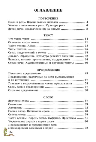174
ОГЛАВЛЕНИЕ
ПОВТОРЕНИЕ
Язык и речь. Языки разных народов ............................ 4
Устная и письменная речь. Культура речи .................... 6
Звуки речи, обозначение их на письме .......................... 8
ТЕКСТ
Что такое текст ......................................................... 14
Основная мысль текста .............................................. 21
Части текста. Абзац ................................................... 23
Типы текстов ............................................................ 25
Связь предложений в тексте ....................................... 28
Диалог. Обращение. Культура речевого общения .......... 32
Записка, письмо, приглашение, поздравление .............. 34
Стили речи. Художественный и научный тексты .......... 40
ПРЕДЛОЖЕНИЕ
Понятие о предложении ............................................. 43
Предложения, различные по цели высказывания
и по интонации ......................................................... 47
Главные и второстепенные члены предложения ............ 53
Связь слов в предложении .......................................... 57
Сложное предложение ................................................ 60
СЛОВО
Значение слова .......................................................... 67
Синонимы ................................................................. 69
Антонимы ................................................................. 72
Состав слова. Окончание слова .................................... 76
Основа слова ............................................................. 79
Части основы. Корень слова. Суффикс. Приставка ........ 81
Чередование звуков в корне слова ............................... 90
Произношение и правописание слов
с безударными гласными в корне ................................ 92
 