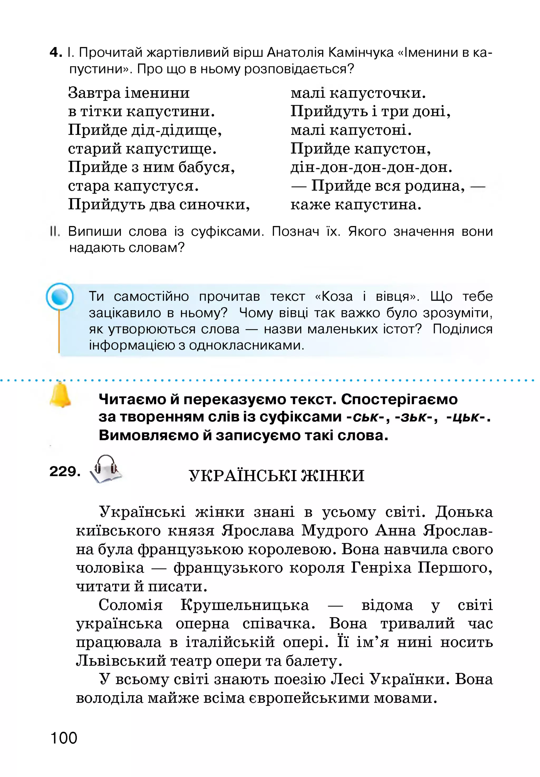 4. І. Прочитай жартівливий вірш Анатолія Камінчука «Іменини в ка­
пустини». Про що в ньому розповідається?
Завтра іменини
в тітки капустини.
Прийде дід-дідище,
старий капустище.
Прийде з ним бабуся,
стара капустуся.
Прийдуть два синочки,
малі капусточки.
Прийдуть і три доні,
малі капустоні.
Прийде капустон,
дін-дон-дон-дон-дон.
— Прийде вся родина,
каже капустина.
Випиши слова із суфіксами. Познач їх. Якого значення вони
надають словам?
Ти самостійно прочитав текст «Коза і вівця». Що тебе
зацікавило в ньому? Чому вівці так важко було зрозуміти,
як утворюються слова — назви маленьких істот? Поділися
інформацією з однокласниками.
Читаємо й переказуємо текст. Спостерігаємо
за творенням слів із суфіксами -ськ-, -зьк-, -цьк-.
Вимовляємо й записуємо такі слова.
229- 4 ^ УКРАЇНСЬКІ ЖІНКИ
Українські жінки знані в усьому світі. Донька
київського князя Ярослава Мудрого Анна Ярослав-
на була французькою королевою. Вона навчила свого
чоловіка — французького короля Генріха Першого,
читати й писати.
Соломія Крушельницька — відома у світі
українська оперна співачка. Вона тривалий час
працювала в італійській опері. Її ім’я нині носить
Львівський театр опери та балету.
У всьому світі знають поезію Лесі Українки. Вона
володіла майже всіма європейськими мовами.
100
 