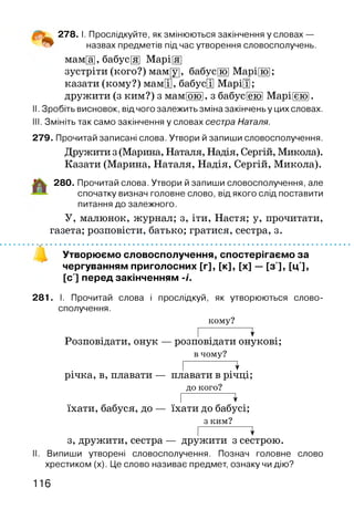278. І. Прослідкуйте, як змінюються закінчення у словах —
назвах предметів під час утворення словосполучень.
мам[а], бабус[я] Марі[я]
зустріти (кого?) мам[у], бабус[їо1 Марі[їо1;
казати (кому?) мамЩ, бабусЩ МаріЩ;
дружити (з ким?) з маміоюі, з бабус[еїо1 Маріїєюі.
II. Зробіть висновок, від чого залежить зміна закінчень у цих словах.
III. Змініть так само закінчення у словах сестра Наталя.
279. Прочитай записані слова. Утвори й запиши словосполучення.
Дружити з (Марина, Наталя, Надія, Сергій, Микола).
Казати (Марина, Наталя, Надія, Сергій, Микола).
280. Прочитай слова. Утвори й запиши словосполучення, але
спочатку визнач головне слово, від якого слід поставити
питання до залежного.
У, малюнок, журнал; з, іти, Настя; у, прочитати,
газета; розповісти, батько; гратися, сестра, з.
*V *................... *...........................................................................................................
Утворюємо словосполучення, спостерігаємо за
чергуванням приголосних [г], [к], [х] — [з'], [ц'],
[с ] перед закінченням -і.
281. І. Прочитай слова і прослідкуй, як утворюються слово­
сполучення.
кому?
І ^
Розповідати, онук — розповідати онукові;
в чому?
І ^
річка, в, плавати — плавати в річці;
до кого?
І ^
їхати, бабуся, до — їхати до бабусі;
з ким?
І ^
з, дружити, сестра — дружити з сестрою.
Випиши утворені словосполучення. Познач головне слово
хрестиком (х). Це слово називає предмет, ознаку чи дію?
116
 