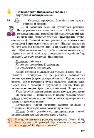 Читаємо текст. Визначаємо головні й
другорядні члени речення.
291. Сьогодні професор Лінгвіст привітався з
учнями й сказав:
— Я розповім вам, як будуються речення.
Якщо речення складається з двох і більше слів,
то серед них, як і в російській мові, є головні чле­
ни речення (главные члены) і другорядні (второ­
степенные). Головні члени речення — підмет (под­
лежащее) і присудок (сказуемое). Підмет вказує на
те, хто або що виконує дію, а присудок називає цю
дію. Щоб визначити їх, треба ставити питання: до
підмета — хто?, що?, а до присудка — щоробить? що
зробив?, що буде робити? Наприклад:
Хлопчик сміється.
Хлопчик (що робить?) сміється.
Сміється (хто?) хлопчик.
Якщо речення складається тільки з двох слів —
підмета і присудка, то це речення називається
непоширеним (нераспространённым). Однак ви вже
знаєте, що в реченнях буває набагато більше слів.
Серед них є головні й другорядні члени. Такі ре­
чення — поширені (распространённые). Наприклад:
Українські жінки прикрашають хатурушниками.
Це речення — поширене. У ньому головні члени
жінки прикрашають, усі інші слова є другорядними
членами цього речення.
Другорядні члени речення завжди зв’язані з
головними й утворюють словосполучення:
Жінки (які?) українські; прикрашають (чим?)
рушниками; прикрашають (що?) хату.
Про що ти дізнався з розповіді професора Лінгвіста? Що
було відомо тобі раніше? Що називається підметом?
А присудком? Які бувають речення?
121
 