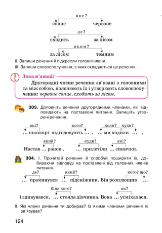 я ке ?
X 1
сонце червоне
де?
х
сходить за лісом
я к и м ?
. X 1
за лісом темним
. Запиши речення й підкресли головні члени.
І. Запиши словосполучення, з яких складається це речення.
Ф Запам’ятай! ----------------------------------
Другорядні члени речення зв’язані з головними
та між собою, пояснюють їх і утворюють словосполу­
чення: червоне сонце, сходить за лісом.
^ 303. Доповніть речення другорядними членами, які від­
повідають на поставлені питання. Запишіть утво­
рені речення.
які? кого? коли? куди?
І І . . І ^ ^ II ^
... школярі підгодовують..............ми ходили ... .
який? куди? які?
'І І 'І [ ^ І
Настав ... ранок . ... прилетіли ...синички.
304. І. Прочитай речення й спробуй поширити їх, до­
бираючи відповіді на поставлені від головних членів
питання.
де? який? кого? що?
^ І 'і ! І . - г , . 1 ^
... прокинувся ... П1ДСН1ЖНИК. Він розплющив
біля кого? як?
♦ І ♦ І
і здивувався. ... стояла дівчинка. Вона ...усміхалася.
II. Які члени речення ти добирав? Із якими членами речення їх
зв’язував?
124
 