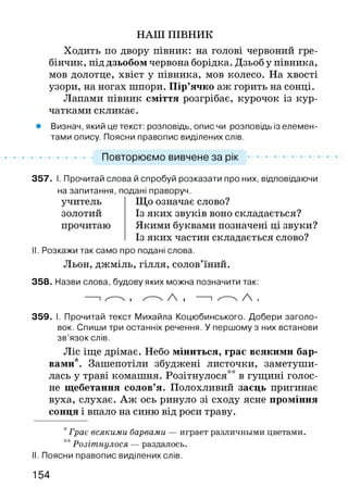 НАШ ПІВНИК
Ходить по двору півник: на голові червоний гре­
бінчик, під дзьобом червона борідка. Дзьоб у півника,
мов долотце, хвіст у півника, мов колесо. На хвості
узори, на ногах шпори. Пір’ячко аж горить на сонці.
Лапами півник сміття розгрібає, курочок із кур­
чатками скликає.
Визнач, який це текст: розповідь, опис чи розповідь із елемен­
тами опису. Поясни правопис виділених слів.
Повторюємо вивчене за рік
357. І. Прочитай слова й спробуй розказати про них, відповідаючи
на запитання, подані праворуч.
учитель
золотий
прочитаю
Що означає слово?
Із яких звуків воно складається?
Якими буквами позначені ці звуки?
Із яких частин складається слово?
II. Розкажи так само про подані слова.
Льон, джміль, гілля, солов’їний.
358. Назви слова, будову яких можна позначити так:
-----1^ ^ —N /  , -----1 ^—-ч /  .
359. І. Прочитай текст Михайла Коцюбинського. Добери заголо­
вок. Спиши три останніх речення. У першому з них встанови
зв’язок слів.
Ліс іще дрімає. Небо міниться, грає всякими бар­
вами*. Зашепотіли збуджені листочки, заметуши­
лась у траві комашня. Розітнулося** в гущині голос­
не щебетання солов’я. Полохливий заєць пригинає
вуха, слухає. Аж ось ринуло зі сходу ясне проміння
сонця і впало на синю від роси траву.
*Грає всякими барвами — играет различными цветами.
**Розітнулося — раздалось.
І. Поясни правопис виділених слів.
154
 