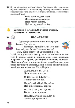 28. Прочитай уривок з вірша Нінель Приходько. Про що в ньо­
му розповідається? Розкажи, яку картину ти уявляєш. Вивчи
вірш і запиши його з пам’яті. Підкресли ті букви, яких немає в
російській мові.
Тихо осінь ходить гаєм,
Ліс довкола аж горить,
Ясен листя осипає,
Дуб нахмурений стоїть.
. ........................................ .................................. ......................................................................................................................................................
Слухаємо й читаємо. Вивчаємо алфавіт,
працюємо зі словником.
. а29. 'і '' ПРО АЛФАВІТ
Одного разу Незнайко запитав у про­
фесора Лінгвіста:
— Професоре, в українській мові так
багато букв. Як же їх запам’ятати?
— Так, букв багато. В українській мові
їх 33, — відповів професор. — А запам’ятати не так
уже й важко, адже в кожній мові існує алфавіт.
Алфавіт — це букви, розміщені в певному порядку.
Щоб запам’ятати порядок букв, потрібно декілька
разів прочитати алфавіт, або ж можна вивчити вірш,
який для вас написала Лідія Дорошко.
А, Бе, Ве, Ге, Ґе, Де, Е —
Десь далеко дощ іде.
Є, Же, Зе, И, І, ї, Йот —
Зачіпає всі сім нот.
Ка, еЛ, еМ, еН, О, Пе, еР —
Що ж робити нам тепер?
еС, Те, У, еФ, Ха, Це, Че —
Зараз сонце припече.
Ша, Ща, м’який знак, Ю, Я —
Зрадіє букв уся сім’я.
18
 