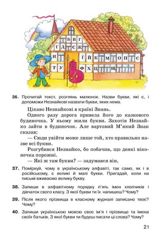 36. Прочитай текст, розглянь малюнок. Назви букви, які є, і
допоможи Незнайкові назвати букви, яких нема.
Цікаво Незнайкові в країні Знань.
Одного разу дорога привела його до казкового
будиночка. У ньому жили букви. Захотів Незнай­
ко зайти в будиночок. Але вартовий М’який Знак
сказав:
— Сюди увійти може лише той, хто правильно на­
зве всі букви.
Розгубився Незнайко, бо побачив, що деякі віко­
нечка порожні.
— Які ж там букви? — задумався він.
37. Поміркуй, чому в українському алфавіті, так само, як і в
російському, є великі й малі букви. Пригадай, коли на
письмі вживаємо велику букву.
38. Запиши в алфавітному порядку п’ять імен хлопчиків і
дівчаток свого класу. З якої букви ти їх напишеш? Чому?
39. Після якого прізвища в класному журналі записано твоє?
Чому?
40. Запиши українською мовою своє ім’я і прізвище та імена
своїх батьків. З якої букви ти будеш писати ці слова? Чому?
21
 
