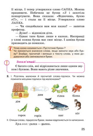 її місце. І тепер утворилося слово САПКА. Можна
працювати. Побачила це буква еЛ і захотіла
пожартувати. Вона сказала: «Відпочинь, букво
еСІ», — і стала на її місце. Утворилося слово
ЛАПКА.
— Чи сподобалася вам моя казка? — запитав
професор.
— Дуже! — відповіли діти.
— Однак таке буває лише в казках. Насправді
у слові кожна буква має своє місце. І заміна букви
призводить до помилок.
Чому казка називається «Пустотливі букви»?
® Чи змінюється значення слова, якщо змінити звук або бук­
ву? Знайди, прочитай і випиши з тексту слова, у яких до­
давалися або змінювалися букви.
Запам’ятайі-----------------------------------------------------^
Є багато слів, які відрізняються лише одним зву­
ком і буквою. Вони мають різне значення.
2. І. Розглянь малюнки й прочитай слова-підписи. Чи можна
поміняти місцями підписи під малюнками?
горох горіх кит
КІТ
І. Спиши слова, підкресли букви, якими відрізняється їх написання.
З р а з о к : галка — палка.
25
 
