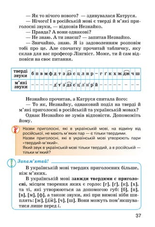 — Як то нічого нового? — здивувалася Катруся.
— Нічого! І в російській мові є тверді й м’які при­
голосні звуки, — відповів Незнайко.
— Правда? А вони однакові?
— Не знаю. А ти знаєш? — запитав Незнайко.
— Звичайно, знаю. Я із задоволенням розповім
тобі про це. Але спочатку прочитай табличку, яку
склав для вас професор Лінгвіст. Може, ти й сам від­
повіси на своє питання.
т в ер д і
зв у к и
б п в м ф д т 3 ДЗ с ц л н р — г ґ к X ПТУ»
ЛІ д ж ч ш
м ’я к і
зв у к и д т' 3 д з с' ц л' н р
V
и
І
Незнайко прочитав, а Катруся спитала його:
— То як, Незнайку, однаковий поділ на тверді й
м’які приголосні в російській та українській мовах?
Однак Незнайко не зумів відповісти. Допоможіть
йому.
Назви приголосні, які в українській мові, на відміну від
російської, не мають м ’яких пар — є тільки твердими.
Назви приголосні, які в українській мові утворюють пари
«твердий-м’який».
Який звук в українській мові тільки твердий, а в російській —
тільки м’який?
Запам’ятай! __________________________________ _
Л
В українській мові твердих приголосних більше,
ніж м’яких.
В українській мові за в ж д и т в е р д и м и є п р и г о л о ­
с н і, місцем творення яких є горло: [Г ], [ ґ ], [К], [X],
та ті, які утворюються за допомогою губ: [б], [п],
[в], [м], [ф], а також звуки, які при вимові ніби ши­
плять: [ж], [дж], [ч], [ш]. Вони можуть пом’якшува­
тися лише перед і.
37
 