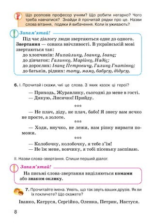 Що розповів професор учням? Що робити негарно? Чого
треба навчатися? Знайди й прочитай рядки про це. Назви
слова вітання, подяки й вибачення. Коли їх уживають?
Запам’ятай! ----------------------------------------------------------ч
Під час діалогу люди звертаються одне до одного.
Звертання — ознака ввічливості. В українській мові
звертаються так:
до хлопчиків: Михайлику_, Іванку,, Іване;
до дівчаток: Галинко, Марійко, Надіє;
до дорослих: Іване Петровичу, Галино Гнатівно;
до батьків, рідних: тату, мамо, бабусю, дідусю.
6. І. Прочитай і скажи, чиї це слова. З яких казок ці герої?
— Приходь, Журавлику, сьогодні до мене в гості.
— Дякую, Лисичко! Прийду.
•к'к'к
— Не плач, діду, не плач, бабо! Я знесу вам яєчко
не просте, а золоте.
•к'к'к
— Ходи, внучко, не лежи, нам ріпку вирвати по­
можи.
•к'к'к
— Колобочку, колобочку, я тебе з’їм!
— Не їж мене, вовчику, я тобі пісеньку заспіваю.
II. Назви слова-звертання. Спиши перший діалог.
Запам’ятай!
На письмі слова-звертання виділяються комами
або знаком оклику.
7. Прочитайте імена. Уявіть, що такзвуть ваших друзів. Як ви
їх покличете? Що скажете?
Іванко, Катруся, Сергійко, Оленка, Петрик, Настуся.
 