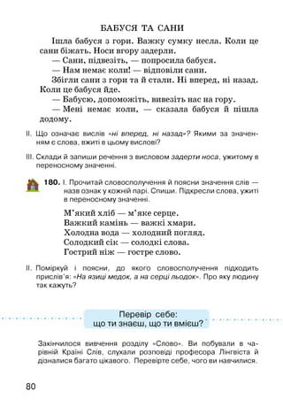 БАБУСЯ ТА САНИ
Ішла бабуся з гори. Важку сумку несла. Коли це
сани біжать. Носи вгору задерли.
— Сани, підвезіть, — попросила бабуся.
— Нам немає коли! — відповіли сани.
Збігли сани з гори та й стали. Ні вперед, ні назад.
Коли це бабуся йде.
— Бабусю, допоможіть, вивезіть нас на гору.
— Мені немає коли, — сказала бабуся й пішла
додому.
Що означає вислів «ні вперед, ні назад»? Якими за значен­
ням є слова, вжиті в цьому вислові?
Склади й запиши речення з висловом задерти носа, ужитому в
переносному значенні.
180. І. Прочитай словосполучення й поясни значення слів —
назв ознаку кожній парі. Спиши. Підкресли слова, ужиті
в переносному значенні.
М’який хліб — м’яке серце.
Важкий камінь — важкі хмари.
Холодна вода — холодний погляд.
Солодкий сік — солодкі слова.
Гострий ніж — гостре слово.
Поміркуй і поясни, до якого словосполучення підходить
прислів’я: «На язиці медок, а на серці льодок». Про яку людину
так кажуть?
Перевір себе:
що ти знаєш, що ти вмієш?
Закінчилося вивчення розділу «Слово». Ви побували в ча­
рівній Країні Слів, слухали розповіді професора Лінгвіста й
дізналися багато цікавого. Перевірте себе, чого ви навчилися.
80
 