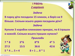 І РІВЕНЬ
2 варіант
Задача
В парку діти посадили 15 ялинок, а беріз на 9
більше. Скільки всього дерев посадили діти?
Задача
Купили 3 коробки ялинкових прикрас, по 6 іграшок
в кожній. Скільки всього іграшок купили?
Приклади
7*8
3*6
8*9
4* 5
27:3
15:5
36:6
42:6
5 * 4 ... 5 + 4
8 + 1 ... 8 * 1

 