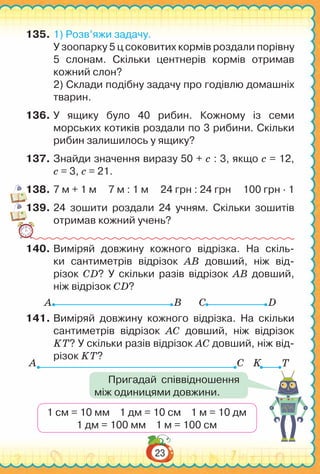 23
135.	1) Розв’яжи задачу.
У зоопарку 5 ц соковитих кормів роздали порівну
5 слонам. Скільки центнерів кормів отримав
кожний слон?
2) Склади подібну задачу про годівлю домашніх
тварин.
136.	У ящику було 40 рибин. Кожному із семи
морських котиків роздали по 3 рибини. Скільки
рибин залишилось у ящику?
137.	Знайди значення виразу 50 + с : 3, якщо с = 12,
с = 3, с = 21.
138.	7 м + 1 м 7 м : 1 м 24 грн : 24 грн 100 грн ∙ 1
139.	24 зошити роздали 24 учням. Скільки зошитів
отримав кожний учень?
140.	Виміряй довжину кожного відрізка. На скіль-
ки сантиметрів відрізок АВ довший, ніж від­-
різок CD? У  скільки разів відрізок АВ довший,
ніж відрізок CD?
A B C D
141.	Виміряй довжину кожного відрізка. На  скільки
сантиметрів відрізок АС довший, ніж відрізок
KТ? У скільки разів відрізок АС довший, ніж від-
різок KТ?
1 см = 10 мм 1 дм = 10 см 1 м = 10 дм
1 дм = 100 мм 1 м = 100 см
A C K T
Пригадай співвідношення
між одиницями довжини.
 