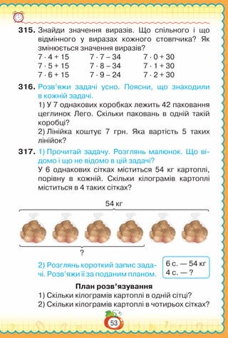 53
315.	Знайди значення виразів. Що спільного і що
відмінного у виразах кожного стовпчика? Як
змінюється значення виразів?
7 ∙ 4 + 15		 7 ∙ 7 – 34		 7 ∙ 0 + 30
7 ∙ 5 + 15		 7 ∙ 8 – 34		 7 ∙ 1 + 30
7 ∙ 6 + 15		 7 ∙ 9 – 24		 7 ∙ 2 + 30
316.	Розв’яжи задачі усно. Поясни, що знаходили
в кожній задачі.
1) У 7 однакових коробках лежить 42 паковання
цеглинок Лего. Скільки паковань в одній такій
коробці?
2) Лінійка коштує 7 грн. Яка вартість 5 таких
лінійок?
317.	1) Прочитай задачу. Розглянь малюнок. Що ві-
домо і що не відомо в цій задачі?
У  6 однакових сітках міститься 54 кг картоплі,
порівну в кожній. Скільки кілограмів картоплі
міститься в 4 таких сітках?
54 кг
?
2) Розглянь короткий запис зада-
чі. Розв’яжи її за поданим планом.
План розв’язування
1) Скільки кілограмів картоплі в одній сітці?
2) Скільки кілограмів картоплі в чотирьох сітках?
6 с. — 54 кг
4 с. — ?
 