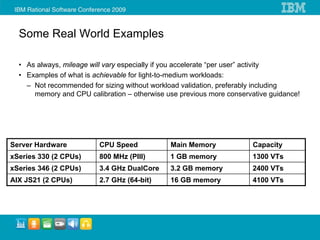 Some Real World Examples

  • As always, mileage will vary especially if you accelerate “per user” activity
  • Examples of what is achievable for light-to-medium workloads:
    – Not recommended for sizing without workload validation, preferably including
      memory and CPU calibration – otherwise use previous more conservative guidance!




Server Hardware          CPU Speed            Main Memory              Capacity
xSeries 330 (2 CPUs)     800 MHz (PIII)       1 GB memory              1300 VTs
xSeries 346 (2 CPUs)     3.4 GHz DualCore     3.2 GB memory            2400 VTs
AIX JS21 (2 CPUs)        2.7 GHz (64-bit)     16 GB memory             4100 VTs
 