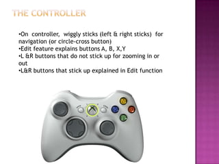 The ControllerOn  controller,  wiggly sticks (left & right sticks)  for navigation (or circle-cross button)