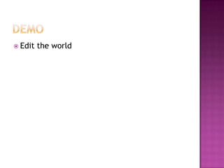 Editing the worldTo edit, press Back Go to the edit selectionChose what you want to addInstructions will be in top left cornerOnly objects can be programmed in Kodu.You can change the terrain as wellAdd waterAdd hills or valleysChange textureChange color (background and lighting)