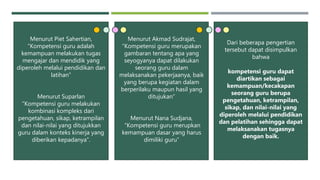 Menurut Piet Sahertian,
“Kompetensi guru adalah
kemampuan melakukan tugas
mengajar dan mendidik yang
diperoleh melalui pendidikan dan
latihan”
Menurut Suparlan
“Kompetensi guru melakukan
kombinasi kompleks dari
pengetahuan, sikap, ketrampilan
dan nilai-nilai yang ditujukkan
guru dalam konteks kinerja yang
diberikan kepadanya”.
Menurut Akmad Sudrajat,
“Kompetensi guru merupakan
gambaran tentang apa yang
seyogyanya dapat dilakukan
seorang guru dalam
melaksanakan pekerjaanya, baik
yang berupa kegiatan dalam
berperilaku maupun hasil yang
ditujukan”
Menurut Nana Sudjana,
“Kompetensi guru merupkan
kemampuan dasar yang harus
dimiliki guru”
Dari beberapa pengertian
tersebut dapat disimpulkan
bahwa
kompetensi guru dapat
diartikan sebagai
kemampuan/kecakapan
seorang guru berupa
pengetahuan, ketrampilan,
sikap, dan nilai-nilai yang
diperoleh melalui pendidikan
dan pelatihan sehingga dapat
melaksanakan tugasnya
dengan baik.
 
