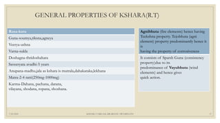7/25/2021 KSHARA VARGAM, DR.MEENU SWAMINATH 17
GENERAL PROPERTIES OF KSHARA(R.T)
Rasa-katu
Guna-soumya,tiksna,agneya
Veerya-ushna
Varna-sukla
Doshagna-thridoshahara
Saveeryata avadhi-5 years
Anupana-madhu,jala as kshara is mutrala,dahakaraka,lekhana
Matra-2-4 ratti(250mg-1000mg)
Karma-Dahana, pachana, darana,
vilayana, shodana, ropana, shoshana.
Agnibhuta (fire elements) hence having
Teekshna property. Tejobhuta (agni
element) property predominantly hence it
is
having the property of corrosiveness
It consists of Sparsh Guna (consistency
property)due to its
predominance of Vayubhuta (wind
elements) and hence gives
quick action.
 