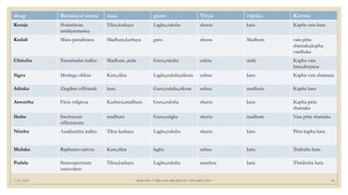 7/25/2021 KSHARA VARGAM, DR.MEENU SWAMINATH 30
drug Botanical name rasa guna Virya vipaka Karma
Kutaja Holarrhena
antidysenterica
Tikta,kashaya Laghu,ruksha sheeta katu Kapha vata hara
Kadali Musa paradisiaca Madhura,kashaya guru sheeta Madhura vata pitta
shamaka,kapha
vardhaka
Chincha Tamarindus indica Madhura ,amla Guru,ruksha ushna amla Kapha vata
hara,deepana
Sigru Moringa olifera Katu,tikta Laghu,ruksha,tiksna ushna katu Kapha vata shamana
Adraka Zingiber officinale katu Guru,ruksha,tiksna ushna madhura Kapha hara
Aswattha Ficus religiosa Kashaya,madhura Guru,ruksha sheeta katu Kapha pitta
shamaka
Ikshu Saccharum
officinarum
madhura Guru,snigha sheeta madhura Vata pitta shamaka
Nimba Azadirachta indica Tikta kashaya Laghu,ruksha sheeta katu Pitta kapha hara
Mulaka Raphanus sativus Katu,tikta laghu ushna katu Tridosha hara
Padala Stereospermum
suaveolens
Tikta,kashaya Laghu,ruksha anushna katu Thridosha hara
 