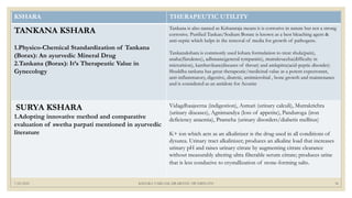 7/25/2021 KSHARA VARGAM, DR.MEENU SWAMINATH 36
KSHARA THERAPEUTIC UTILITY
TANKANA KSHARA
1.Physico-Chemical Standardization of Tankana
(Borax): An ayurvedic Mineral Drug
2.Tankana (Borax): It’s Therapeutic Value in
Gynecology
Tankana is also named as Kshararaja means it is corrosive in nature but not a strong
corrosive. Purified Tankan/Sodium Borate is known as a best bleaching agent &
anti-septic which helps in the removal of media for growth of pathogens.
Tankanakshara is commonly used kshara formulation to treat shula(pain),
anaha(flatulence), adhmana(general tympanitis), mutrakruccha(difficulty in
micturition), kanthavikara(diseases of throat) and amlapitta(acid-peptic disorder)
Shuddha tankana has great therapeutic/medicinal value as a potent expectorant,
anti-inflammatory, digestive, diuretic, antimicrobial , bone growth and maintenance
and is considered as an antidote for Aconite
SURYA KSHARA
1.Adopting innovative method and comparative
evaluation of swetha parpati mentioned in ayurvedic
literature
Vidagdhaajeerna (indigestion), Asmari (urinary calculi), Mutrakrichra
(urinary diseases), Agnimandya (loss of appetite), Panduroga (iron
deficiency anaemia), Prameha (urinary disorders/diabetis mellitus)
K+ ion which acts as an alkalinizer is the drug used in all conditions of
dysurea. Urinary tract alkalinizer; produces an alkaline load that increases
urinary pH and raises urinary citrate by augmenting citrate clearance
without measurably altering ultra filterable serum citrate; produces urine
that is less conducive to crystallization of stone-forming salts.
 