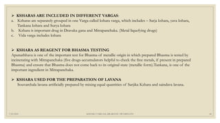 7/25/2021 KSHARA VARGAM, DR.MEENU SWAMINATH 44
 KSHARAS ARE INCLUDED IN DIFFERENT VARGAS:
a. Ksharas are separately grouped in one Varga called kshara varga, which includes – Sarja kshara, yava kshara,
Tankana kshara and Surya kshara
b. Kshara is important drug in Dravaka gana and Mitrapanchaka. (Metal liquefying drugs)
c. Vida varga includes kshara
 KSHARA AS REAGENT FOR BHASMA TESTING
Apunarbhava is one of the important test for Bhasma of metallic origin in which prepared Bhasma is tested by
incinerating with Mitrapanchaka (five drugs-accumulators helpful to check the free metals, if present in prepared
Bhasma) and ensure that Bhasma does not come back to its original state (metallic form).Tankana, is one of the
important ingredient in Mitrapanchaka.
 KSHARA USED FOR THE PREPARATION OF LAVANA
Souvarchala lavana artificially prepared by mixing equal quantities of Sarjika Kshara and saindava lavana.
 