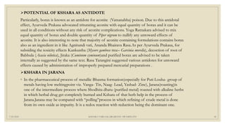 7/25/2021 KSHARA VARGAM, DR.MEENU SWAMINATH 45
POTENTIAL OF KSHARA AS ANTIDOTE
Particularly, borax is known as an antidote for aconite (Vatsanabha) poison. Due to this antidotal
effect, Ayurveda Prakasa advocated triturating aconite with equal quantity of borax and it can be
used in all conditions without any risk of aconite complications. Yoga Ratnakara advised to mix
equal quantity of borax and double quantity of Piper nigrum to nullify any untoward effects of
aconite. It is also interesting to note that majority of aconite containing formulations contains borax
also as an ingredient in it like Agnitundi vati, Ananda Bhairava Rasa.As per Ayurveda Prakasa, for
subsiding the toxicity effects Kankustha (Mysore gambose tree– Garcinia morella), decoction of root of
Babbula (Acacia nilotica), Jiraka (Cuminnm cyminum)and purified borax are advised to be taken
internally as suggested by the same text. Rasa Tarangini suggested various antidotes for untoward
effects caused by administration of improperly prepared mercurial preparations .
KSHARA IN JARANA
◦ In the pharmaceutical process of metallic Bhasma formation(especially for Puti Louha- group of
metals having low meltingpoint viz. Vanga- Tin, Naag- Lead, Yashad- Zinc), Jarana(roasting)is
one of the intermediate process where Shodhita dhatu (purified metal) roasted with alkaline herbs
in which herbal drug get completely burned and Kshara of that herb help in the process of
Jarana.Jarana may be compared with “polling”process in which refining of crude metal is done
from its own oxide as impurity. It is a redox reaction with reduction being the dominant one.
 