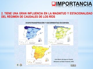 IMPORTANCIA
2. TIENE UNA GRAN INFLUENCIA EN LA MAGNITUD Y ESTACIONALIDAD
DEL RÉGIMEN DE CAUDALES DE LOS RÍOS
 