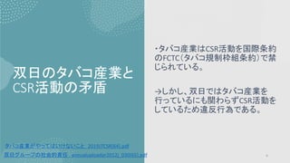 双日のタバコ産業と
CSR活動の矛盾
・タバコ産業はCSR活動を国際条約
のFCTC（タバコ規制枠組条約）で禁
じられている。
→しかし、双日ではタバコ産業を
行っているにも関わらずCSR活動を
しているため違反行為である。
タバコ産業がやってはいけないこと 2019JTCSR[64].pdf
双日グループの社会的責任 annualuploadar2012j_030[65].pdf 6
 