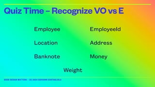 GOOD DESIGN MATTERS — (C) 2024 GIOVANNI COSTAGLIOLA
QuizTime–RecognizeVOvsE
Banknote Money
Employee EmployeeId
Location Address
Weight
 