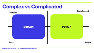 GOOD DESIGN MATTERS — (C) 2024 GIOVANNI COSTAGLIOLA
ComplexvsComplicated
Complex
Complicated
Easy Simple
DOMAIN DESIGN
 