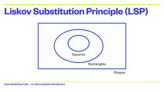 GOOD DESIGN MATTERS — (C) 2024 GIOVANNI COSTAGLIOLA
LiskovSubstitutionPrinciple(LSP)
Shapes
Rectangles
Squares
 