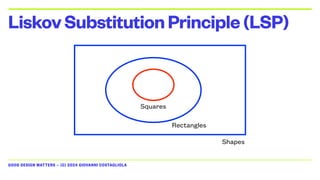 GOOD DESIGN MATTERS — (C) 2024 GIOVANNI COSTAGLIOLA
LiskovSubstitutionPrinciple(LSP)
Shapes
Rectangles
Squares
 