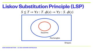 GOOD DESIGN MATTERS — (C) 2024 GIOVANNI COSTAGLIOLA
LiskovSubstitutionPrinciple(LSP)
Shapes
Rectangles
Squares
S ≤ T → ∀x : T . ϕ(x) → ∀y : S . ϕ(y)
 