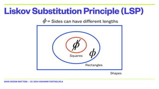 GOOD DESIGN MATTERS — (C) 2024 GIOVANNI COSTAGLIOLA
LiskovSubstitutionPrinciple(LSP)
Shapes
Rectangles
Squares
ϕ= Sides can have different lengths
ϕ
ϕ
 