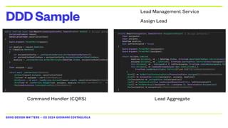 GOOD DESIGN MATTERS — (C) 2024 GIOVANNI COSTAGLIOLA
DDDSample
Command Handler (CQRS) Lead Aggregate
Lead Management Service
Assign Lead
 