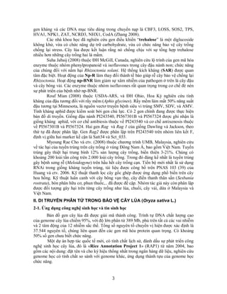 3
gen kháng và các DNA mục tiêu dùng trong chuyển nạp là CBF3, LOSS, SOS2, TPS,
HVA1, NPK1, ZAT, NCRD3, NHX1, CodA (Zhang 2008).
Các nhà khoa học đã nghiên cứu gen điều khiển “trehalose” là một diglucoside
không khử, vừa có chức năng dự trữ carbohydrate, vừa có chức năng bảo vệ cây trồng
chống lại stress. Cây lúa được kết luận rằng nó chống chịu với sự tổng hợp trehalose
nhiều hơn những cây trồng hai lá mầm.
Suha Jabaij (2008) thuộc ĐH McGill, Canada, nghiên cứu lộ trình của gen mã hóa
enzyme thuộc nhóm phenylpropanoid và isoflavones trong cây đậu nành non; chức năng
của chúng đối với nấm hại Rhizoctonia solani. Hệ thống kích kháng (SAR) được quan
tâm đặc biệt. Hoạt động của Np-R làm thay đổi thành tế bào giúp rễ cây bảo vệ chống lại
Rhizoctonia. Hoạt động np-BNR làm giảm sự xâm nhiễm của pathogen ở trên lá cây đậu
và cây bông vải. Các enzyme thuộc nhóm isoflavones rất quan trọng trong cơ chế đè nén
sự phát triển của bệnh nhờ np-BNR.
Rouf Mian (2008) thuộc USDA-ARS, và ĐH Ohio, Hoa Kỳ nghiên cứu tính
kháng của đậu tương đối với rầy mềm (Aphis glycines). Rầy mềm làm mất 50% năng suất
đậu tương tại Minnesota, là nguồn vectơ truyền bệnh siêu vi trùng SMV, SDV, và AMV.
Tính kháng aphid được kiểm soát bởi gen chủ lực. Có 2 gen chính đang được thực hiện
bản đồ di truyền. Giống đậu nành PI243540, PI567301B và PI567324 được ghi nhận là
giống kháng aphid, với cơ chế antibiosis thuộc về PI243540 và cơ chế antixenosis thuộc
về PI567301B và PI567324. Hai gen Rag và Rag 1 của giống Dawling và Jackson, theo
thứ tự đã được phân lập. Gen Rag2 được phân lập trên PI243540 trên nhóm liên kết F,
định vị giữa hai marker kế cận là Satt34 và Sct_033.
Myoung Rae Cho và ctv. (2008) thuộc chương trình UMB, Malaysia, nghiên cứu
về tác hại của tuyến trùng trên cây trồng ở vùng Đông Nam Á, bao gồm Việt Nam. Tuyến
trùng gây thiệt hại trung bình 12% sản lượng cây trồng, biến thiên 3-21%. Chúng có
khoảng 200 loài tấn công trên 2.000 loài cây trồng. Trong đó đáng kể nhất là tuyến trùng
gây bệnh sưng rễ (Meloidogyne) trên hầu hết cây trồng cạn. Tiến bộ mới nhất là sử dụng
RNAi trong giống kháng tuyến trùng, tài liệu được công bố trên PNAS 103 (39) của
Huang và ctv. 2006. Kỹ thuật thanh lọc cây gốc ghép được ứng dụng phổ biến trên cây
hoa hồng. Kỹ thuật luân canh với cây bông vạn thọ, cây điền thanh thân sần (Sesbania
rostrata), bón phân hữu cơ, phun thuốc,.. đã được đề cập. Nhóm tác giả này còn phân lập
được đối tượng gây hại trên từng cây trồng như lúa, chuối, cây vải, dứa ở Malaysia và
Việt Nam.
II. DI TRUYỀN PHÂN TỬ TRONG BẢO VỆ CÂY LÚA (Oryza sativa L.)
2-1. Ứng dụng công nghệ sinh học và tin sinh học
Bản đồ gen cây lúa đã được giải mã thành công. Trình tự DNA chất lượng cao
của genome cây lúa chiếm 95%, với độ lớn phân tử 389 Mb, phủ trên tất cả các vai nhiễm
và 2 tâm động của 12 nhiễm sắc thể. Tổng số nguyên tố chuyển vị hiện được xác định là
37.544 nguyên tố, chúng liên quan đến các gen mã hóa protein quan trọng. Có khoảng
50% số gen chưa biết chức năng.
Một dự án hợp tác quốc tế mới, có tính chất lịch sử, đánh dấu sự phát triển công
nghệ sinh học cây lúa, đó là «Rice Annotation Project 1» (RAP1) từ năm 2004, bao
gồm các nội dung: đặt tên và cho ký hiệu thống nhất trong ngân hàng dữ liệu, nghiên cứu
genome học có tính chất so sánh với genome khác, ứng dụng thành tựu của genome học
chức năng.
 