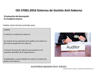 9	Evaluación	del	desempeño
9.2	Auditoría	interna
ISO	37001:2016	Sistemas	de	Gestión	Anti-Soborno
COMOS:
a)	soborno	o	sospe...