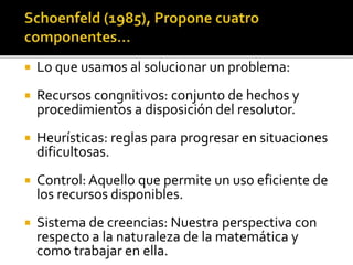  Lo que usamos al solucionar un problema:
 Recursos congnitivos: conjunto de hechos y
procedimientos a disposición del resolutor.
 Heurísticas: reglas para progresar en situaciones
dificultosas.
 Control: Aquello que permite un uso eficiente de
los recursos disponibles.
 Sistema de creencias: Nuestra perspectiva con
respecto a la naturaleza de la matemática y
como trabajar en ella.
 