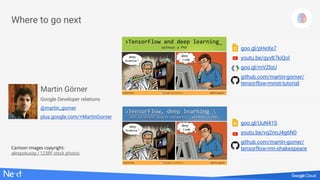 Martin Görner
Google Developer relations
@martin_gorner
plus.google.com/+MartinGorner
goo.gl/pHeXe7
youtu.be/qyvlt7kiQoI
goo.gl/mVZloU
github.com/martin-gorner/
tensorflow-mnist-tutorial
goo.gl/UuN41S
youtu.be/vq2nnJ4g6N0
github.com/martin-gorner/
tensorflow-rnn-shakespeare
Where to go next
Cartoon images copyright:
alexpokusay / 123RF stock photos
 