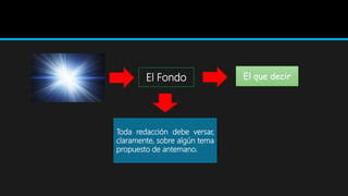 El Fondo El que decir
Toda redacción debe versar,
claramente, sobre algún tema
propuesto de antemano.
 