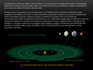 LA ZONA DI ABITABILITÀ NEL NOSTRO SISTEMA SOLARE
Zona abitabile del Sistema Solare
Mercurio Venere Terra Marte
Orbite e pianeti in scala Sistema Solare
La larghezza e distanza della corona sferica, in cui possiamo immaginare la zona di abitabilità,
dipendono dalla luminosità della stella, da come essa evolve nel tempo e dalla composizione
ed evoluzione della atmosfera del pianeta.
Il limite interno di questa zona è la distanza a cui l’effetto serra è talmente efficiente nello
scaldare l’atmosfera che tutta l’acqua presente sul pianeta evapora e lo strato invertente (lo
strato atmosferico dove il vapore acqueo condensa in quanto si ha una inversione
nell’andamento della temperatura atmosferica con l’altitudine) raggiunge un’altitudine dove la
radiazione stellare è in grado di ionizzare le molecole di acqua, separandole in idrogeno ed
ossigeno. L’idrogeno essendo più leggero dell’ossigeno sfugge l’attrazione gravitazionale del
pianeta e si perde nello spazio. Il risultato netto è la perdita di acqua dal pianeta, come
successe a Venere.
 