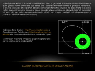 LA ZONA DI ABITABILITÀ IN ALTRI SISTEMI PLANETARI
Pianeti piccoli entro la zona di abitabilità non sono in grado di trattenere un’atmosfera mentre
quelli gassosi hanno atmosfere così dense che l’acqua si trova sottoforma di ghiaccio. Per questo,
e’ anche essenziale che i pianeti abbiano dimensioni terrestri comprese tra circa metà fino a due
volte il diametro terrestre, per poter essere considerati potenzialmente abitabili. I pianeti extrasolari
più vicini alla loro stella perdono nello spazio tutta la loro acqua, quelli più lontani non riescono a
catturata (durante la loro formazione).
Habitable Zone Gallery - http://www.hzgallery.org/ e
Open Exoplanet Catalogue - http://exoplanet.hanno-
rein.de/ elencano una lista di sistemi planetari scoperti.
Le immagini mostrano il modello di sistema planetario
con la relativa zona di abitabilita’.
 
