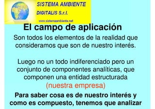El campo de aplicación
Son todos los elementos de la realidad que
consideramos que son de nuestro interés.
Luego no un todo indiferenciado pero un
conjunto de componentes analíticas, que
componen una entidad estructurada
(nuestra empresa)
Para saber cosa es de nuestro interés y
como es compuesto, tenemos que analizar
 