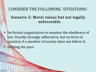 CONSIDER THE FOLLOWING SITUATIONS:
Scenario 2: Moral values but not legally
enforceable.
• No formal organisation to monitor the obedience of
law. Usually strongly adhered to, but no form of
sanction if a member of society does not follow it.
• Helping the poor
 